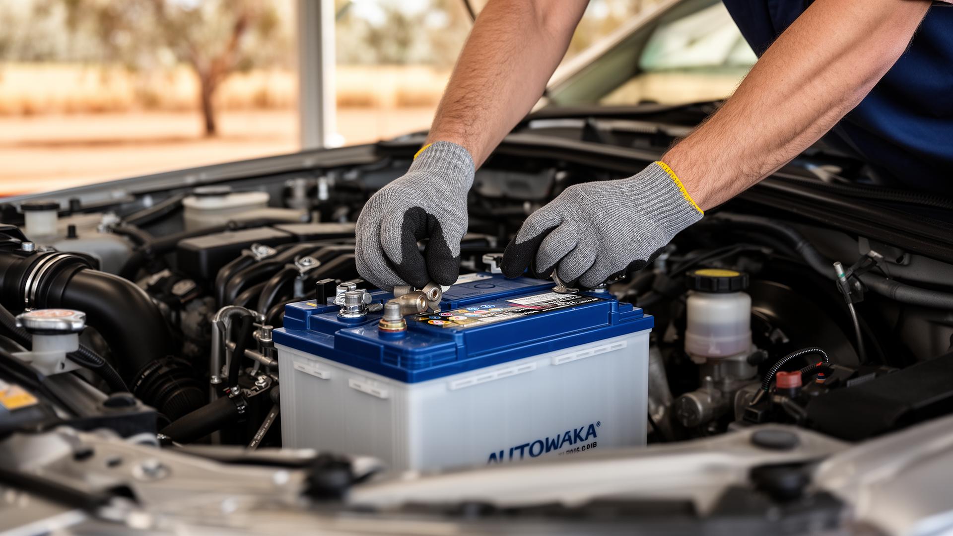Mechanic fitting a new automotive battery in a 4WD ute engine bay